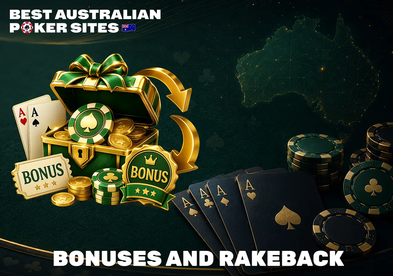 Online poker bonus and rakeback rewards graphic with chips, coins and promotional offers